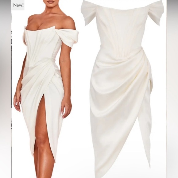 House Of CB Loretta Ivory Satin Strapless Dress white corset midi NWOT size S - Picture 13 of 17